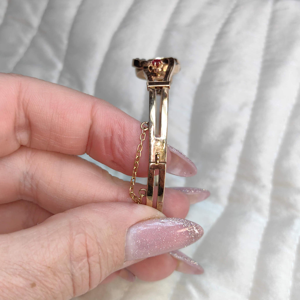 Edwardian Ruby Rose Cut Diamond 18K Gold Bangle Bracelet