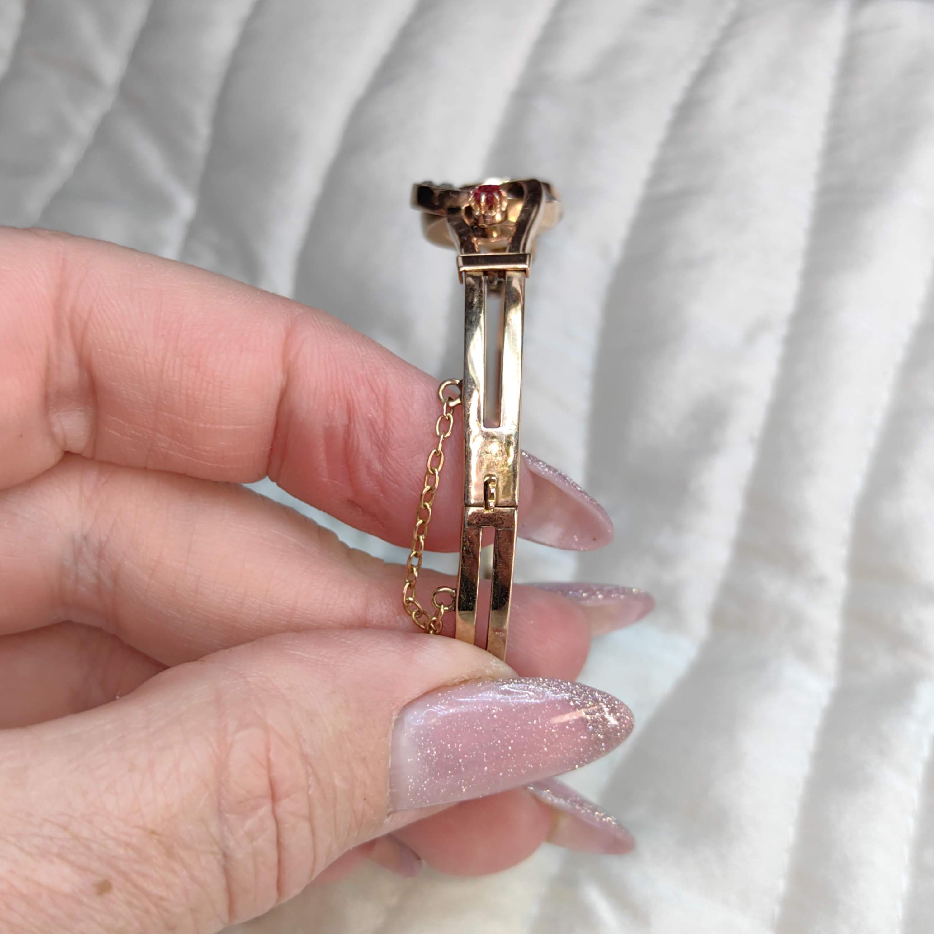 Edwardian Ruby Rose Cut Diamond 18K Gold Bangle Bracelet