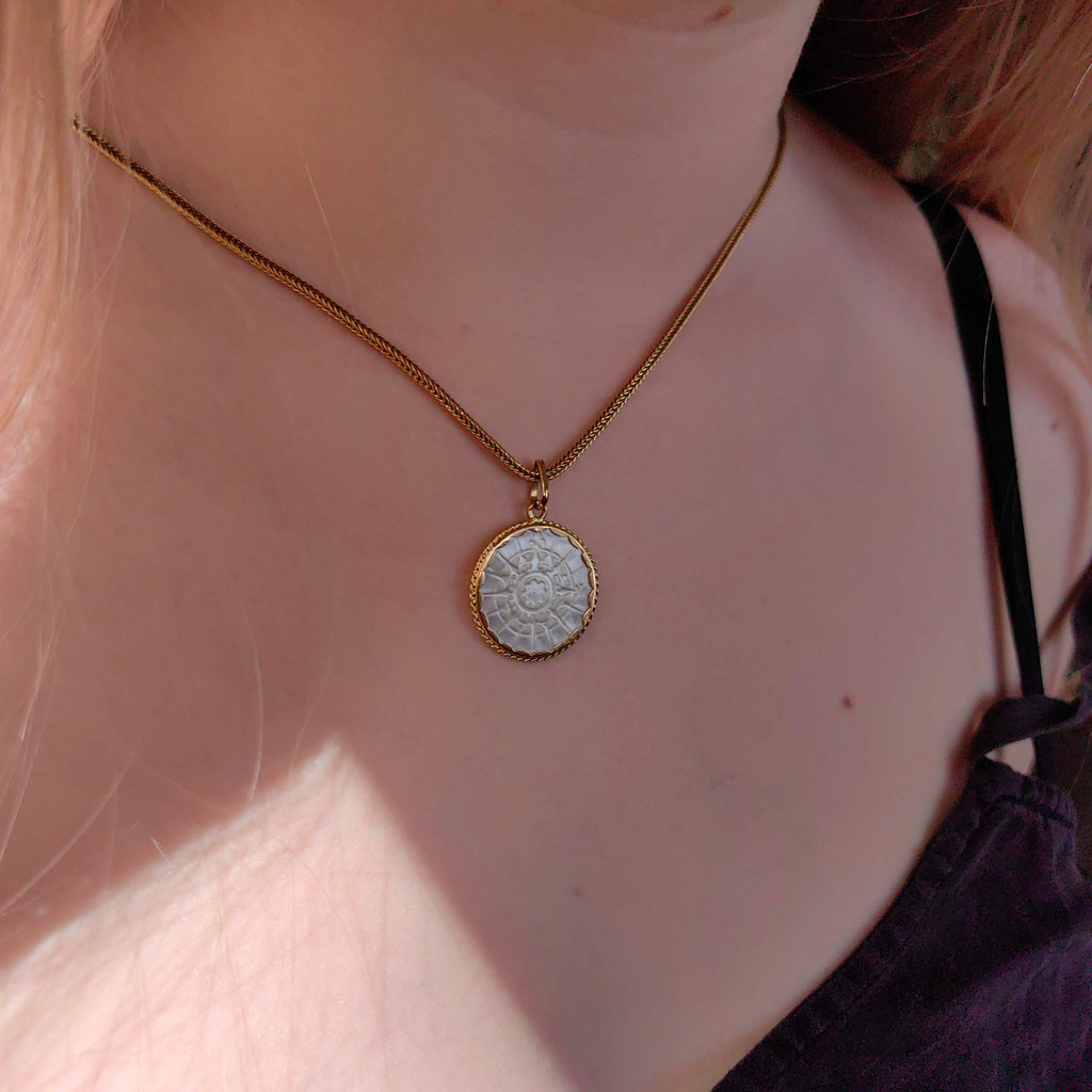 Vintage 1970s Hand Carved Mother of Pearl 18k Gold Pendant