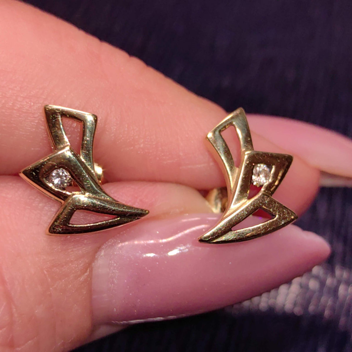 Diamond 14k Solid Yellow Gold Hallmarked Elegant Stud Earrings Geometric Minimalist Vintage Push Back Closure Earrings