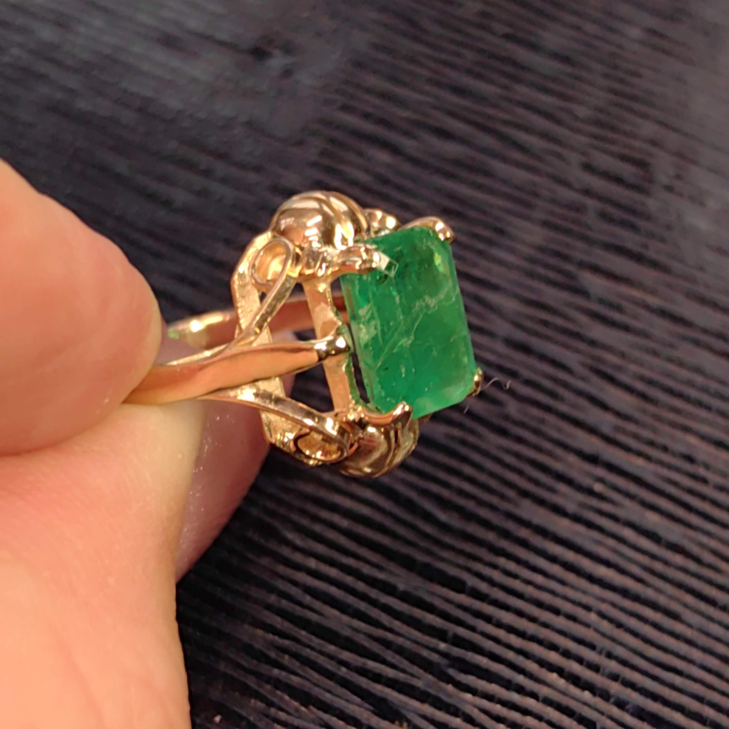 Art Nouveau 1900s Emerald Ring, Fine 14k Yellow Gold Antique Solitaire Ring, Natural Green Emerald Gift for Her, Size US 6.75 EU 54