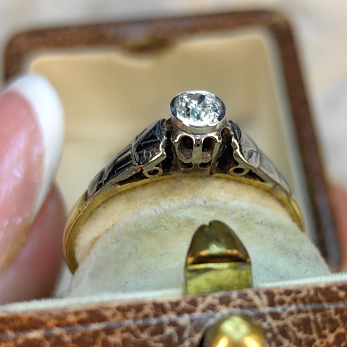 Vintage 18k Solid Yellow Gold and Platinum Natural Diamond Solitaire Ring 1900s English Hallmarked Engagement Ring Gift for Her