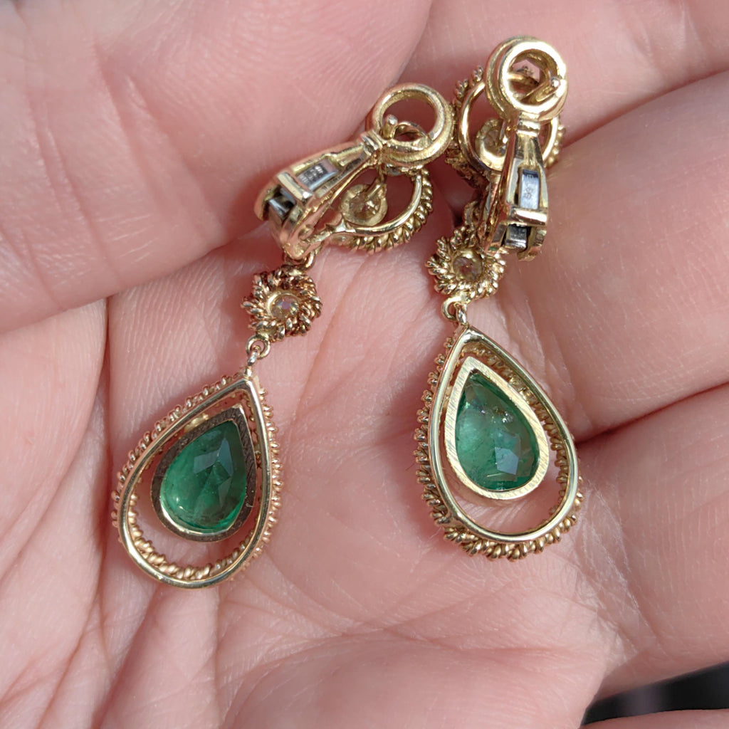 Antique Emerald Diamond 18k Gold Dangle Earrings: Mid Century French Dormeuses