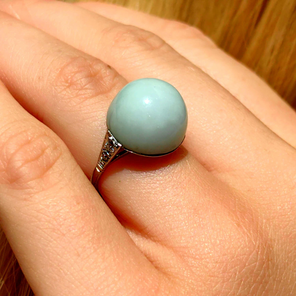 1920s Art Deco Jade Diamond Ring: 18k White Gold French Hallmarks