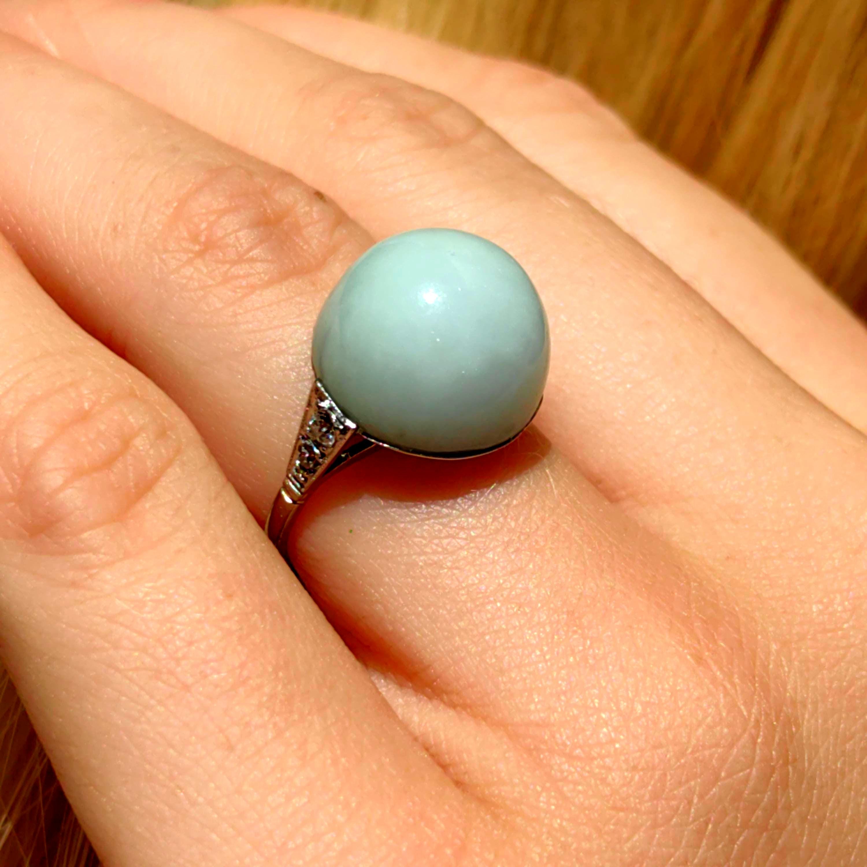 1920s Art Deco Jade Diamond Ring: 18k White Gold French Hallmarks