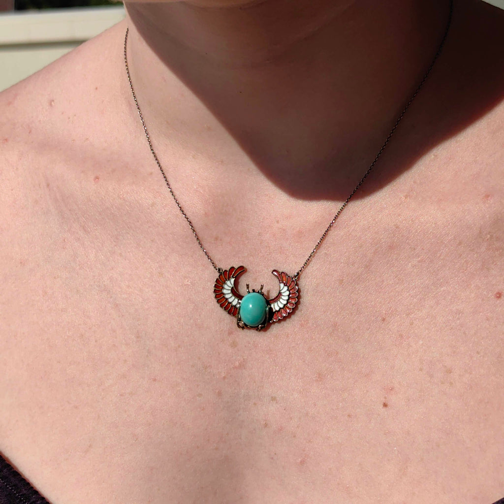 Art Deco Antique Vintage Scarab Ancient Egypt Revival Style Turquoise and Enamel Silver Necklace