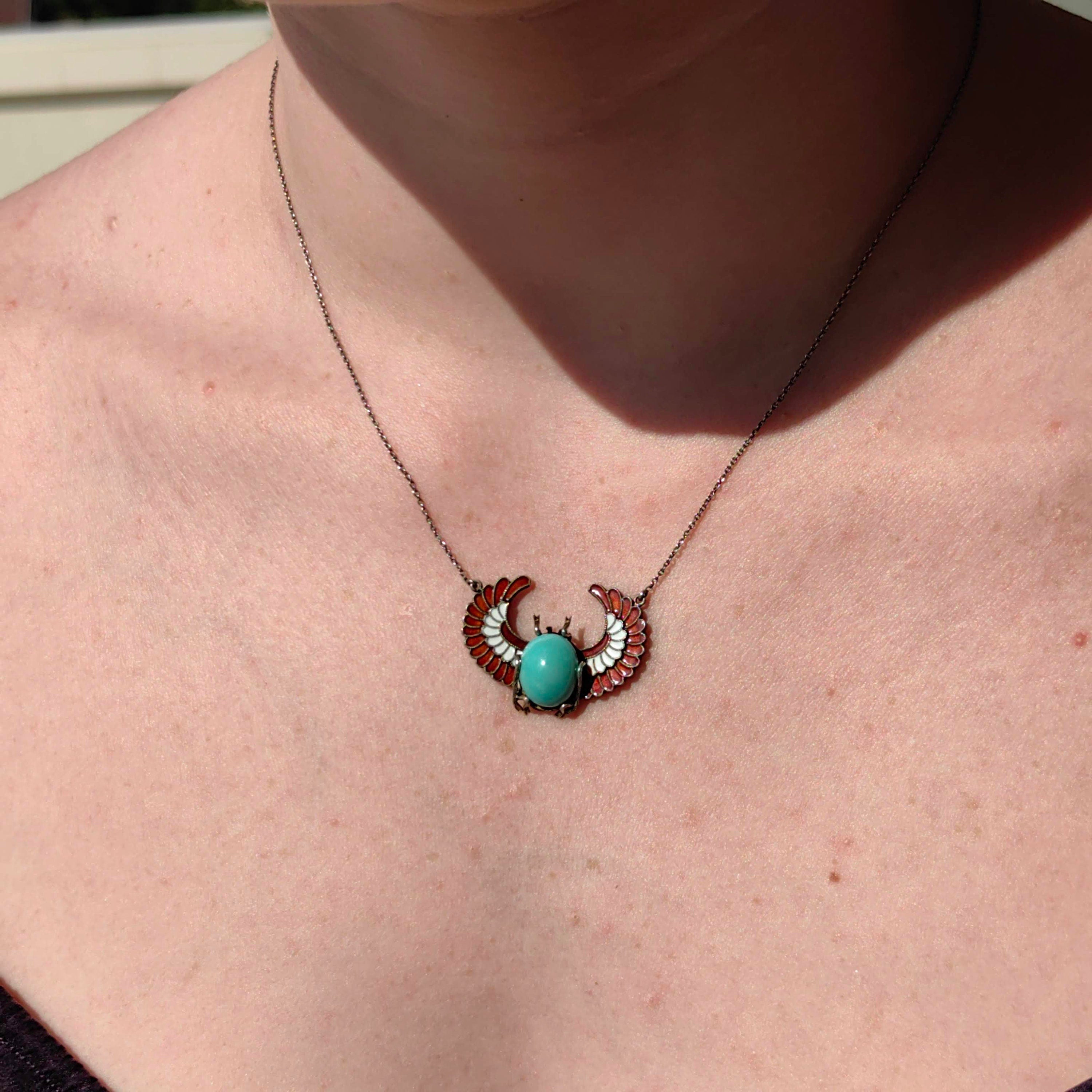 Art Deco Antique Vintage Scarab Ancient Egypt Revival Style Turquoise and Enamel Silver Necklace