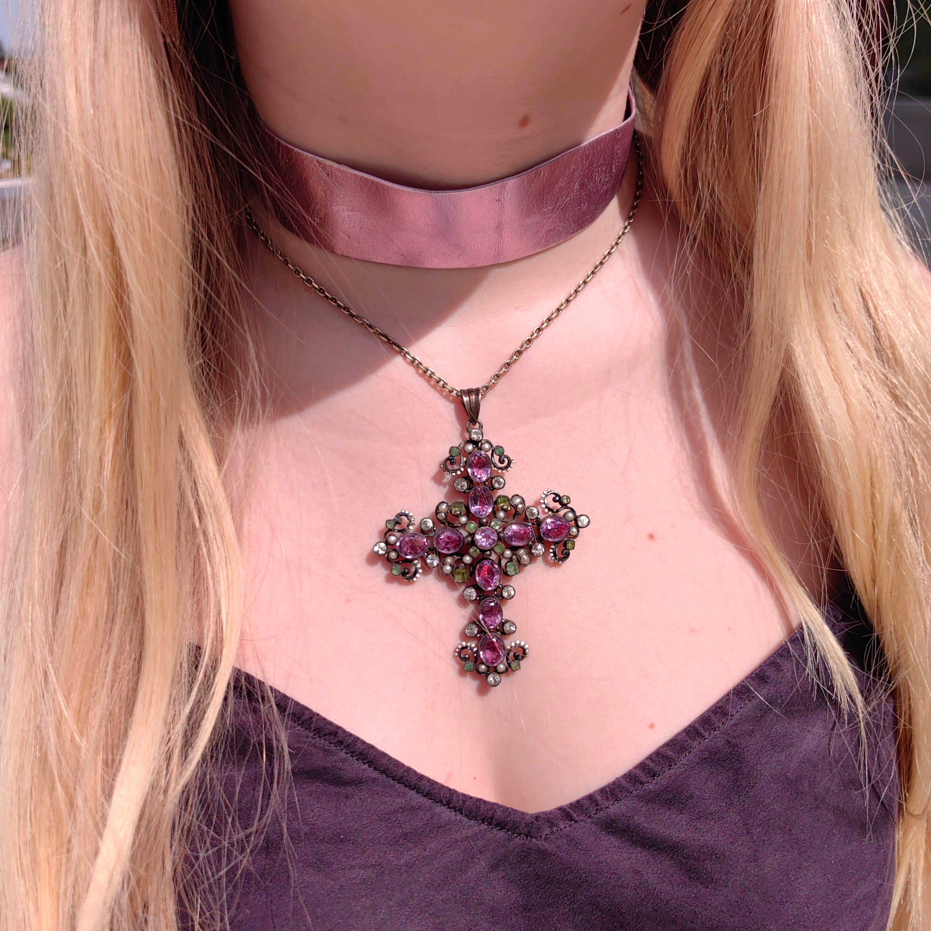 Baroque Antique natural Purple Amethyst Green Demantoid white Sapphire Silver Christian Latin Cross Large Statement Pendant