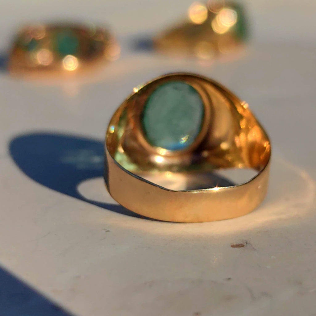 Emerald Hallmarked 14k 585 Hallmarked Solid Yellow Rose Champagne Gold Vintage 1930s Oval Natural Emerald Band Solitaire Ring Gift Present