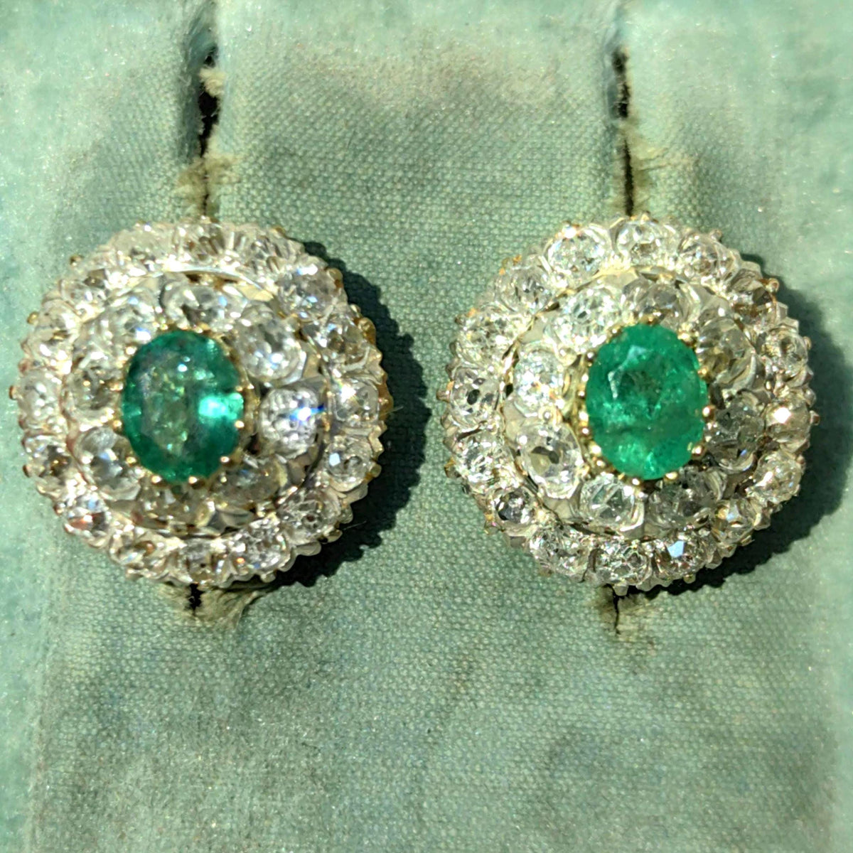 Victorian 1890s Vintage Diamond Emerald Solid 18k Hallmarked Yellow Gold Round Statement Elegant Earrings Latch Back Closure Gift for Her