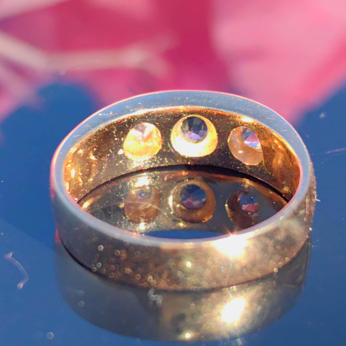 Victorian Sapphire Diamond Ring: 14k Yellow Gold Antique Gipsy Band