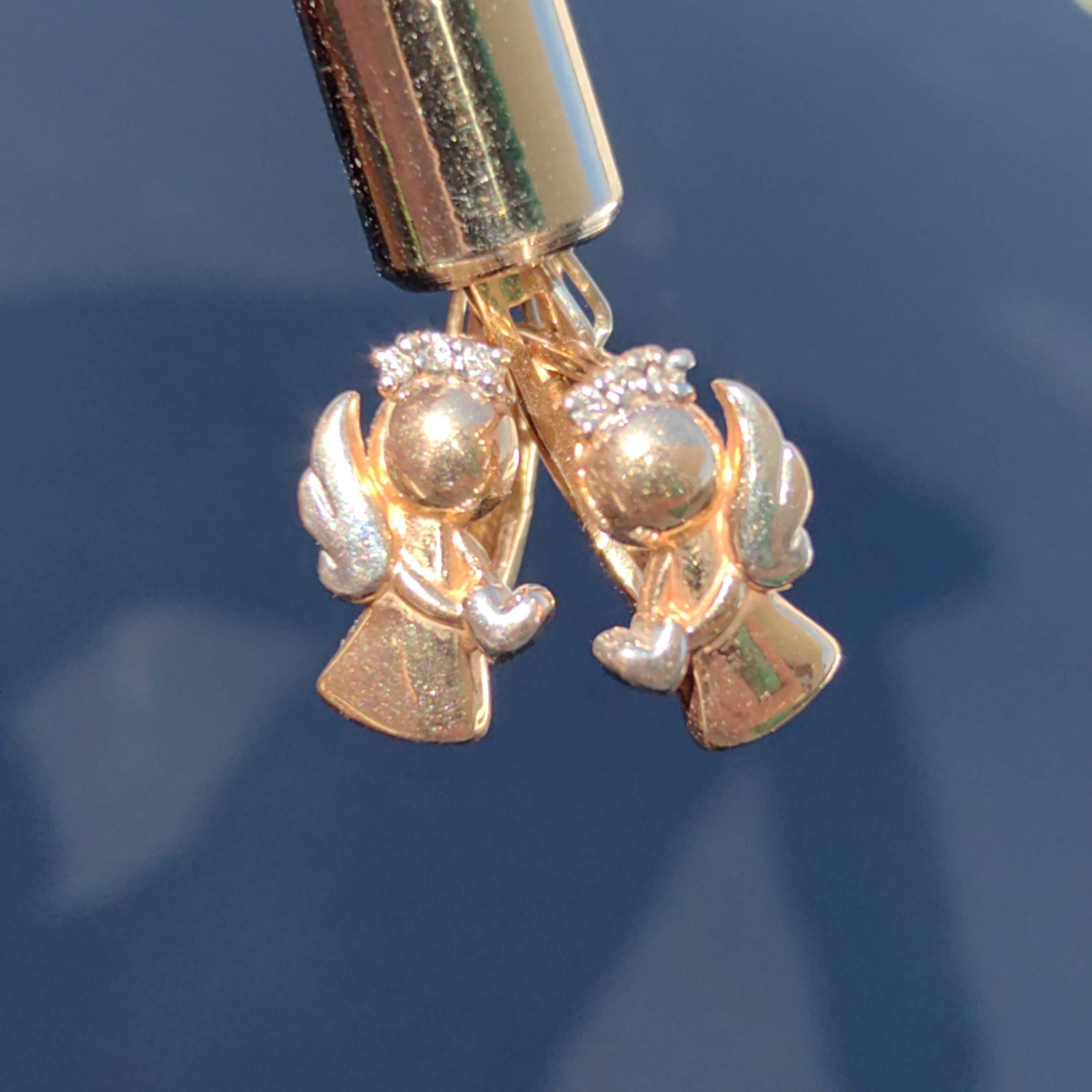 14K Yellow Gold Angel Earrings: Diamond Studs, Religious Jewelry