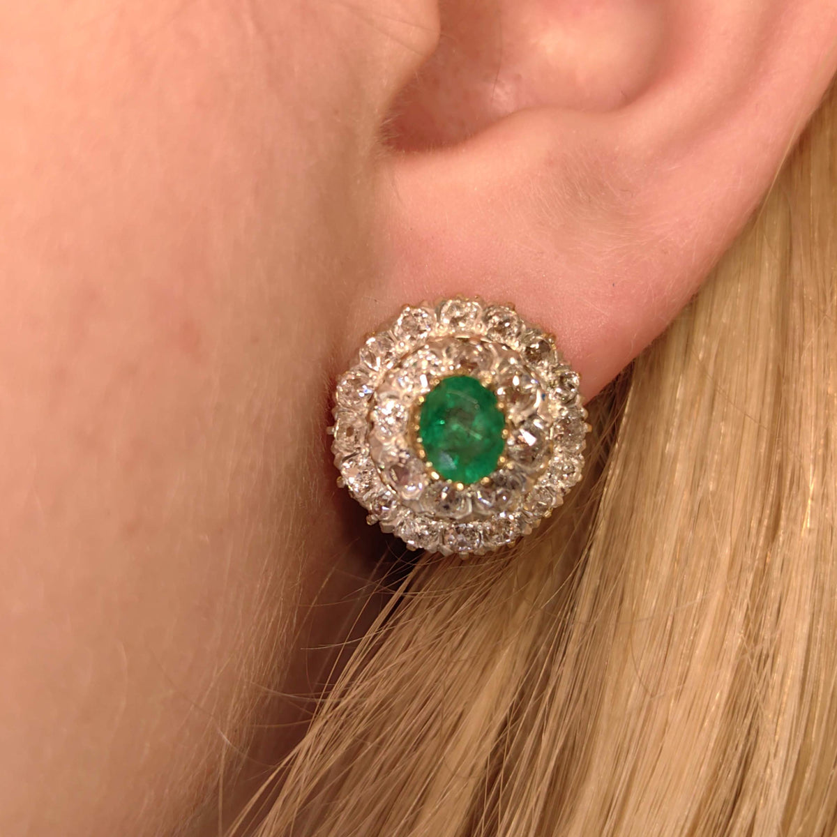 Victorian 1890s Vintage Diamond Emerald Solid 18k Hallmarked Yellow Gold Round Statement Elegant Earrings Latch Back Closure Gift for Her