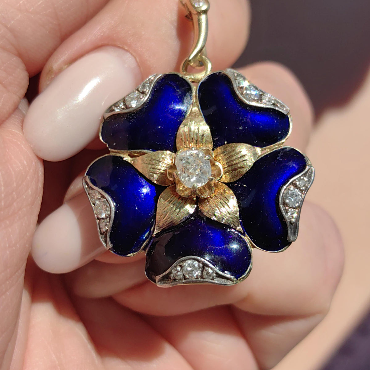 Victorian 1880s Natural Diamond & Blue Hand Painted Enamel Floral Flower Pendant 14k Solid Yellow Gold, Antique Vintage Charm