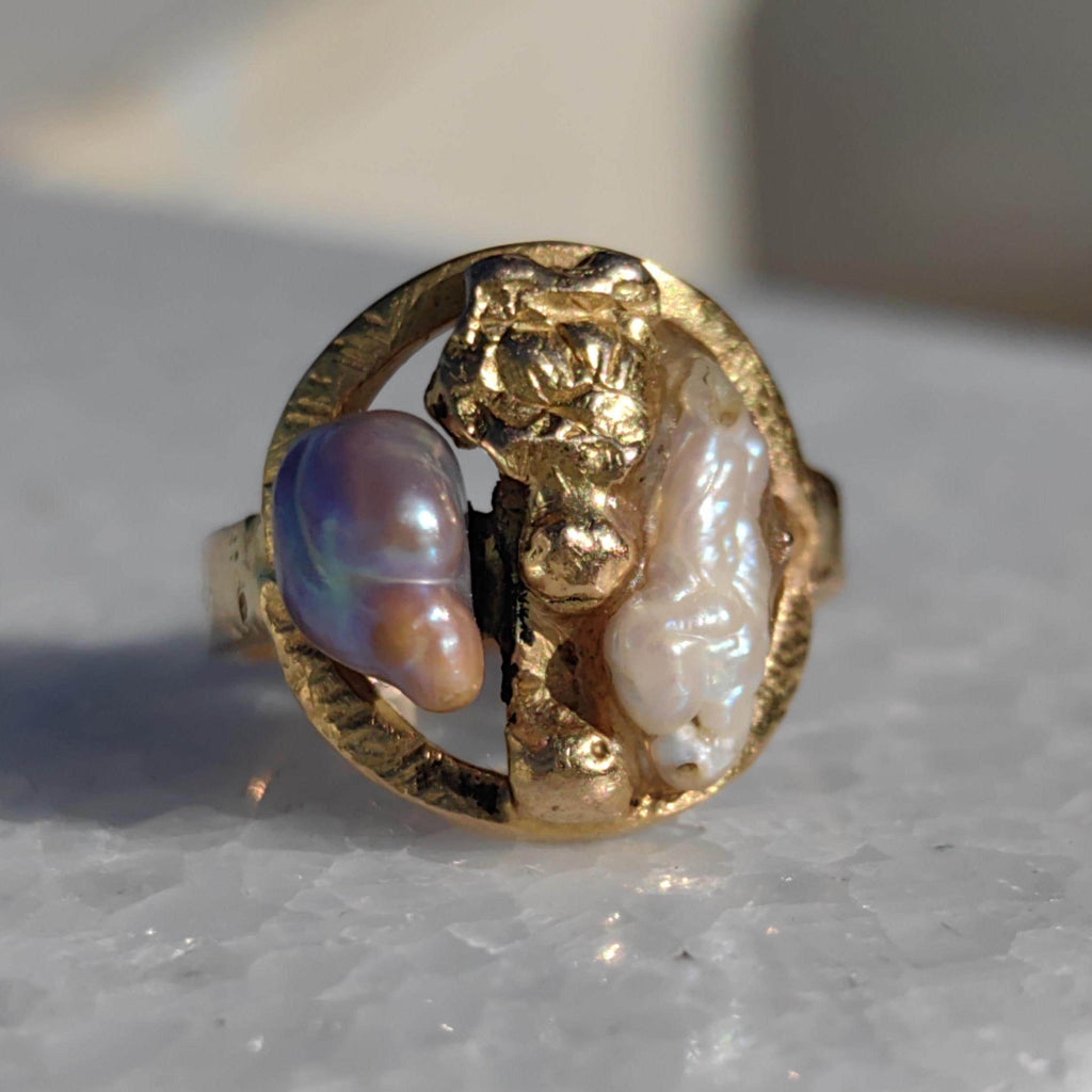 18k Gold Nugget Ring: Two-Tone Pearl Boho Ring