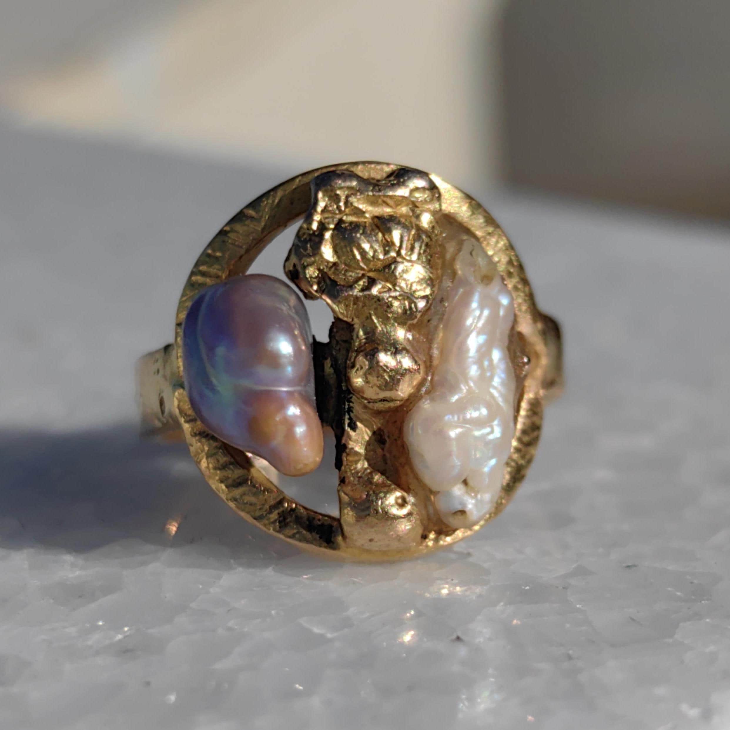 18k Gold Nugget Ring: Two-Tone Pearl Boho Ring