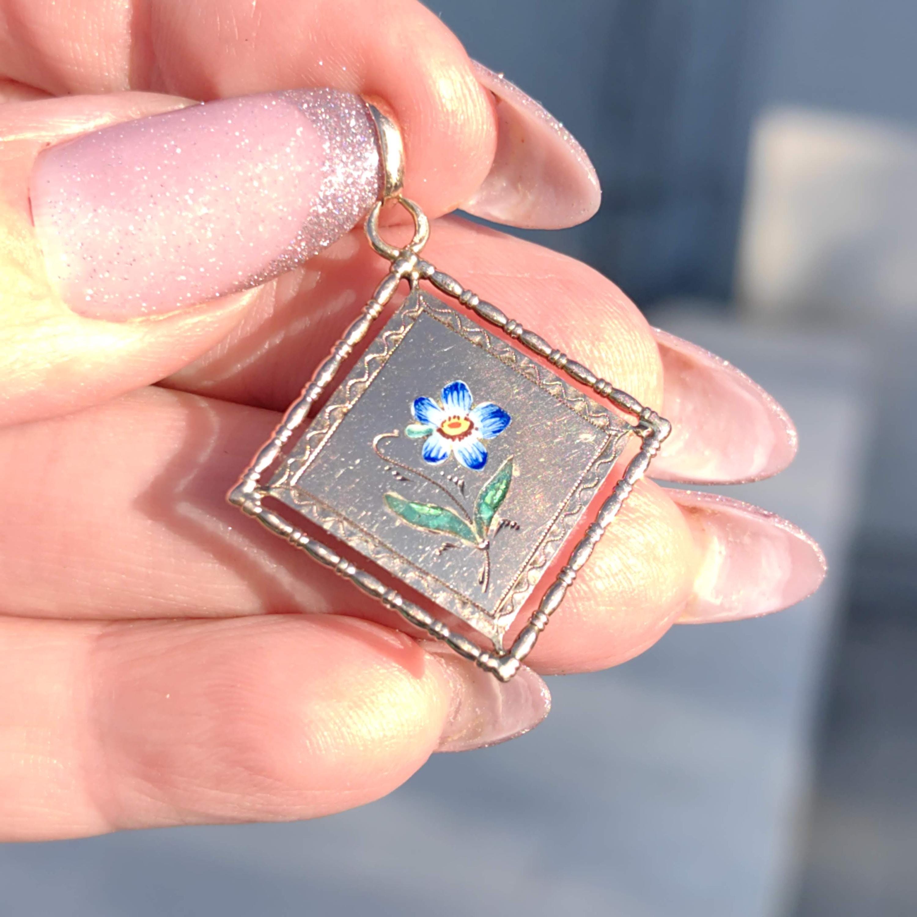Art Nouveau 14k Gold Enamel Flower Pendant: Antique Miniature Charm