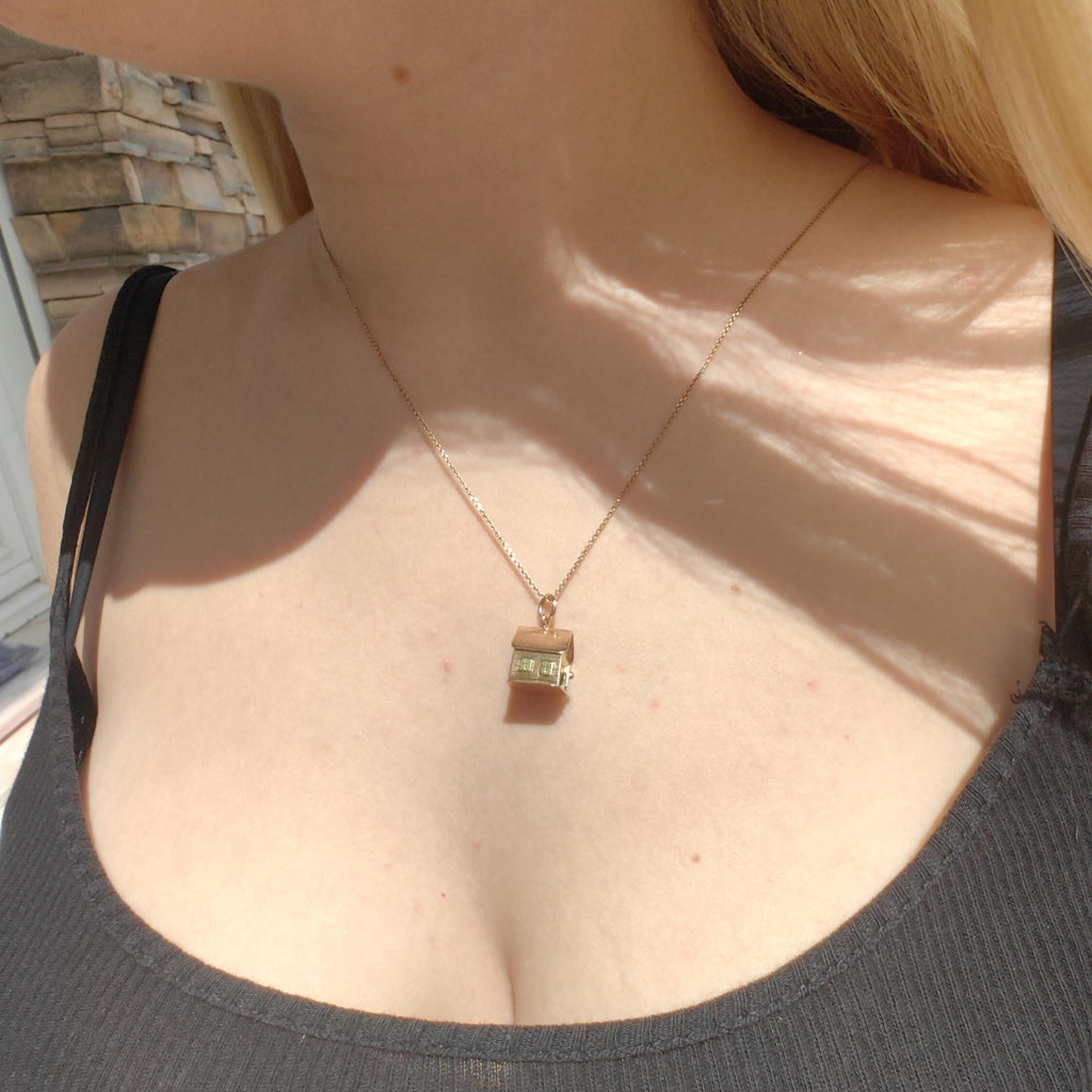 14k Solid Yellow Gold Miniature House Pendant Vintage Handmade Luck Home Charm Housewarming Gift Present