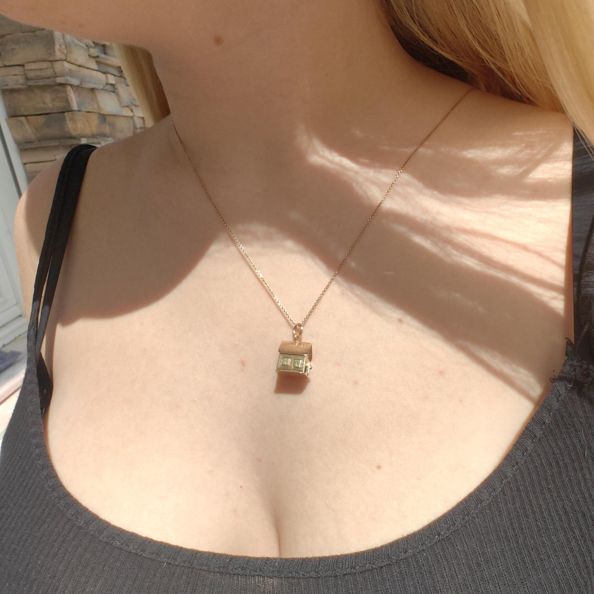 14k Solid Yellow Gold Miniature House Pendant Vintage Handmade Luck Home Charm Housewarming Gift Present