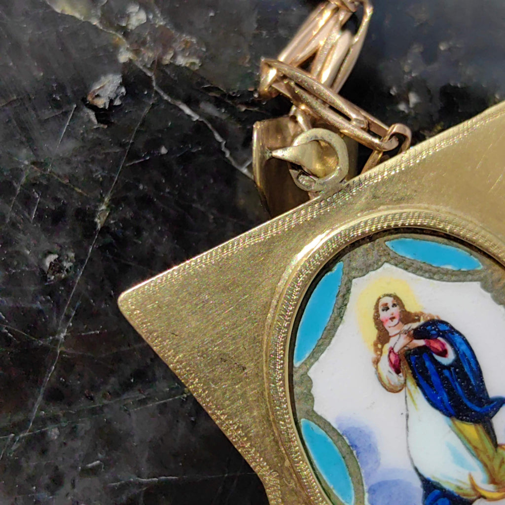 Art Nouveau 14K Gold Madonna Pendant: Antique Hand-Painted Enamel