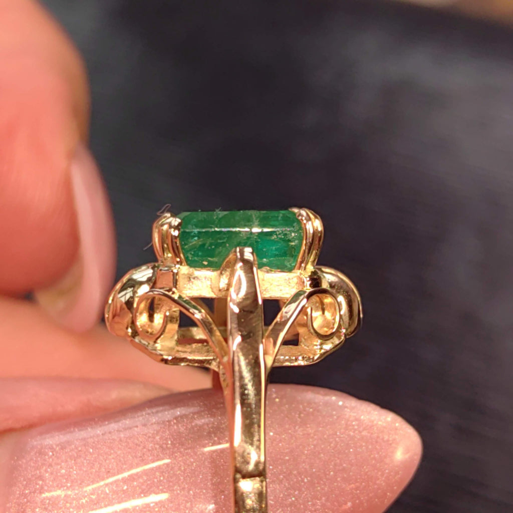 Art Nouveau 1900s Emerald Ring, Fine 14k Yellow Gold Antique Solitaire Ring, Natural Green Emerald Gift for Her, Size US 6.75 EU 54