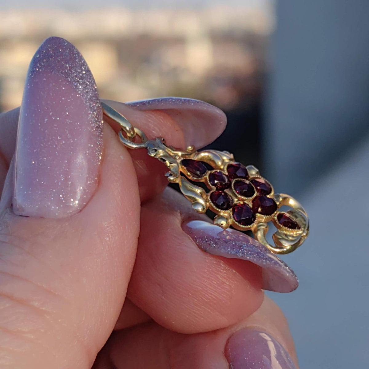 14k Gold Garnet Floral Pendant Necklace: Antique Victorian Charm