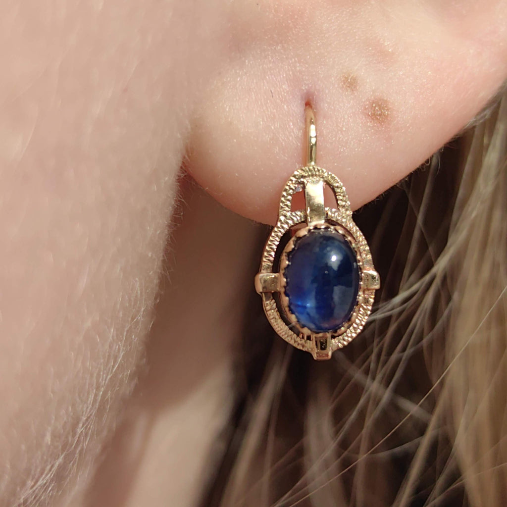 1940s Late Art Deco Natural Sapphire Cabochon 14k Yellow Gold Earrings, Vintage Dangle Lever Back Earrings, Gift for Her Present