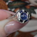 Vintage Art Deco 1920s Edwardian 14k Solid White Gold Natural Blue Star Sapphire Hand Chiselled Elegant Ring Gift for Her Present