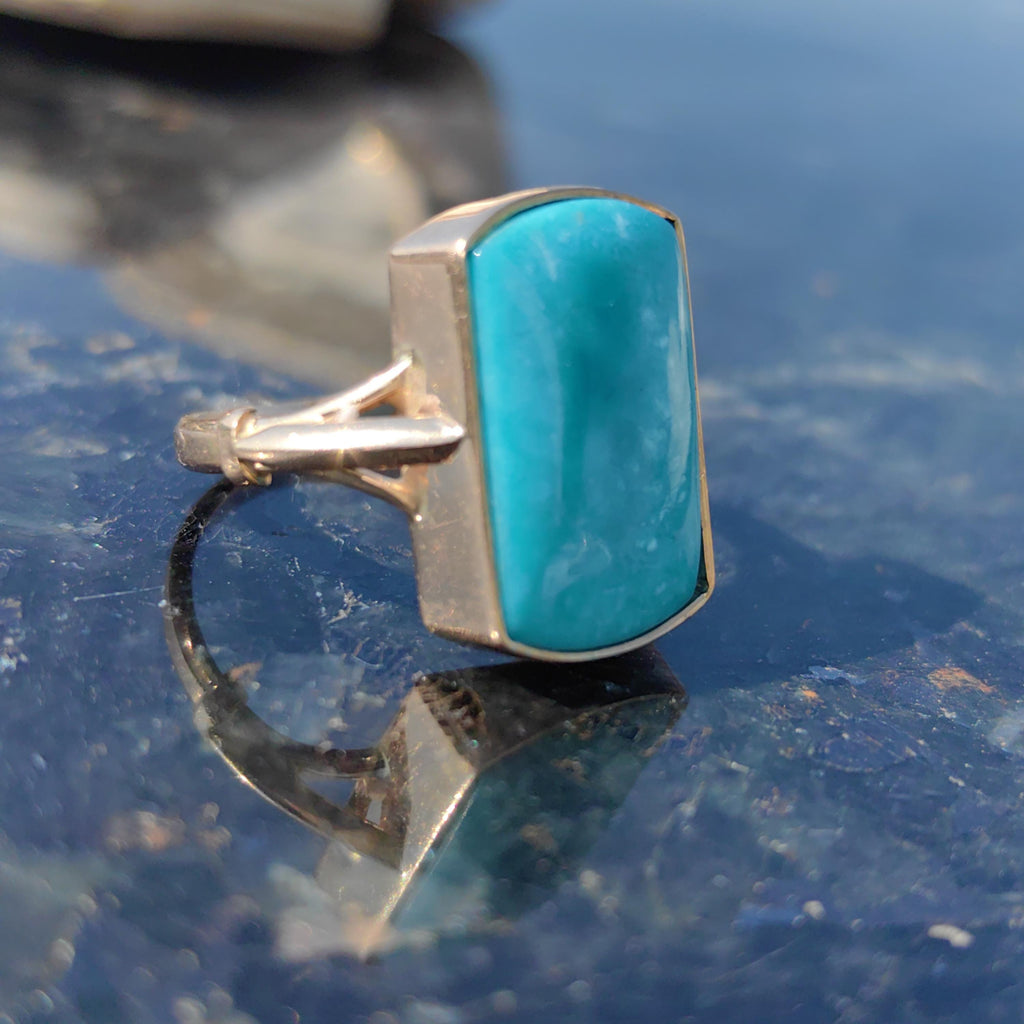 Vintage 14k Solid Yellow Gold Blue Turquoise Square Ring Antique Art Deco 1920s Gift for Her Elegant Present
