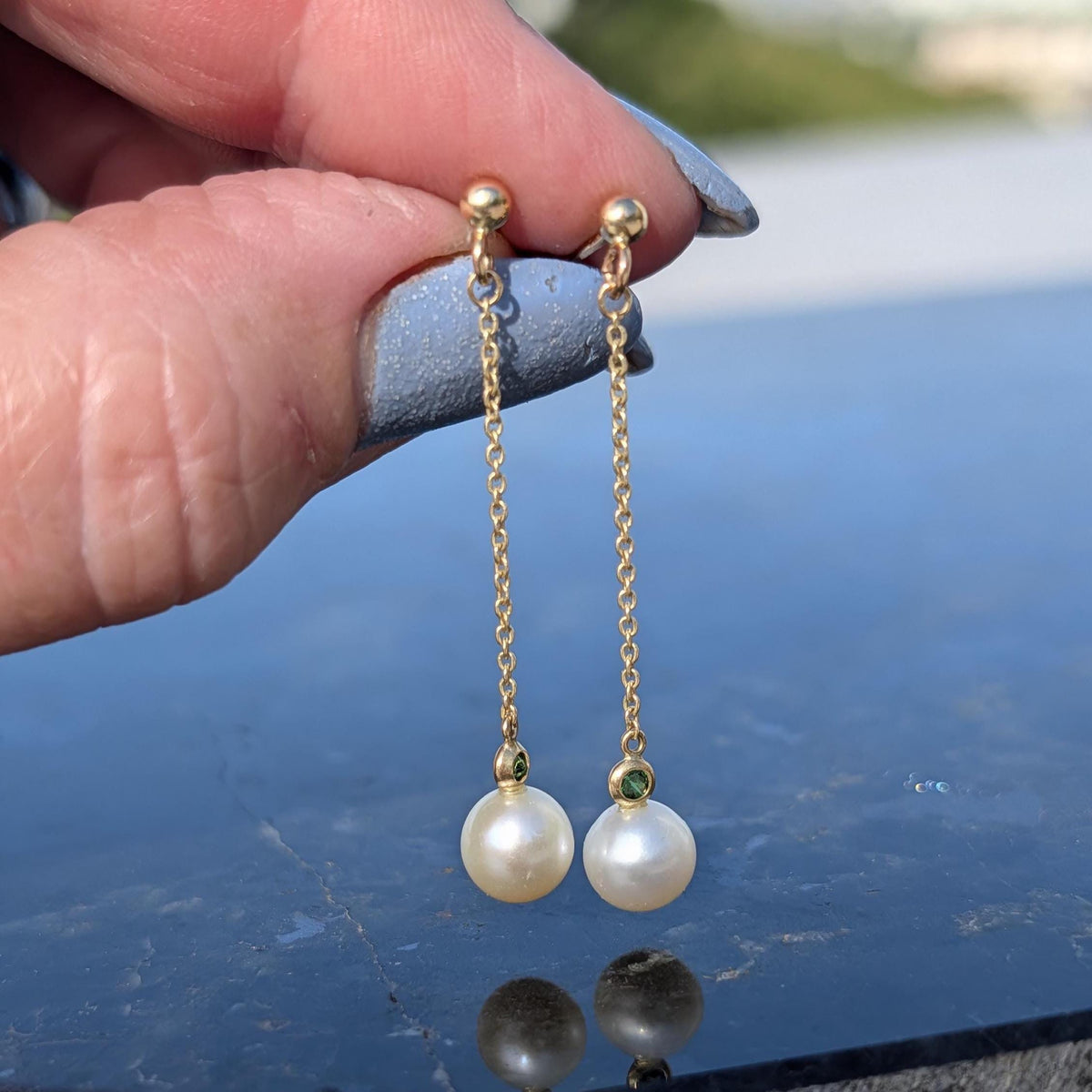 1950s Mid Century Natural Emerald Pearl 14k Yellow Gold Earrings, Vintage Hallmarked Dangle Chain Earrings, Gift for Her