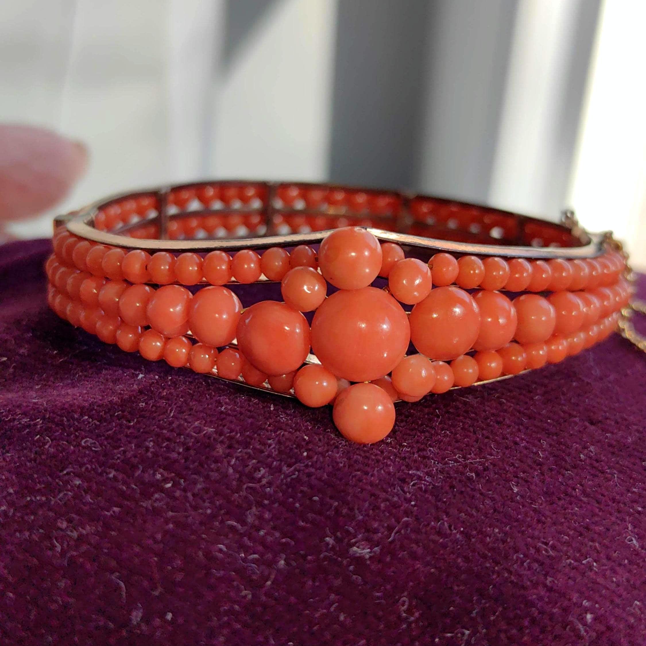 Victorian Coral Bracelet Gold Plated Silver Hinged Bangle Antique Coral Bead Statement Jewelry US Duty Free HTS 9706