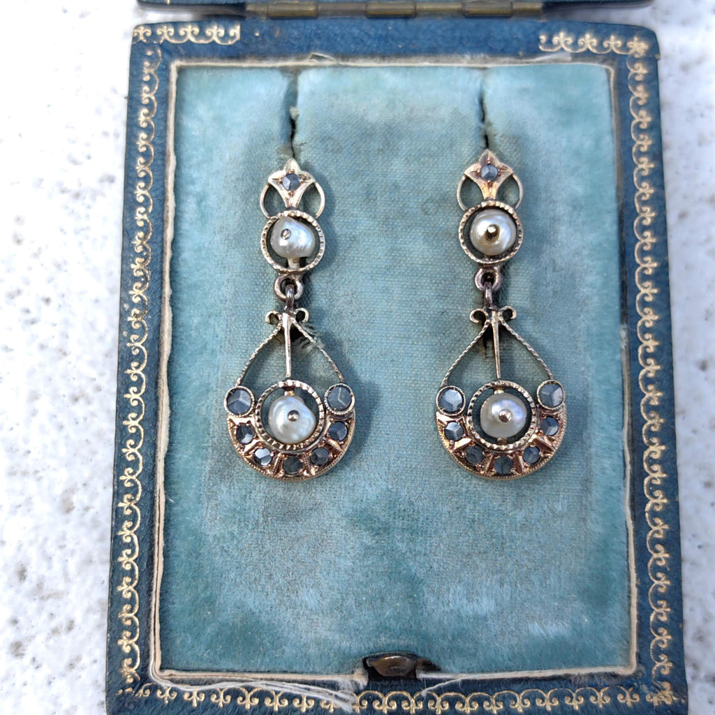 Antique 18k Gold Pearl Rose Cut Diamond Earrings: Victorian Dangle Drop