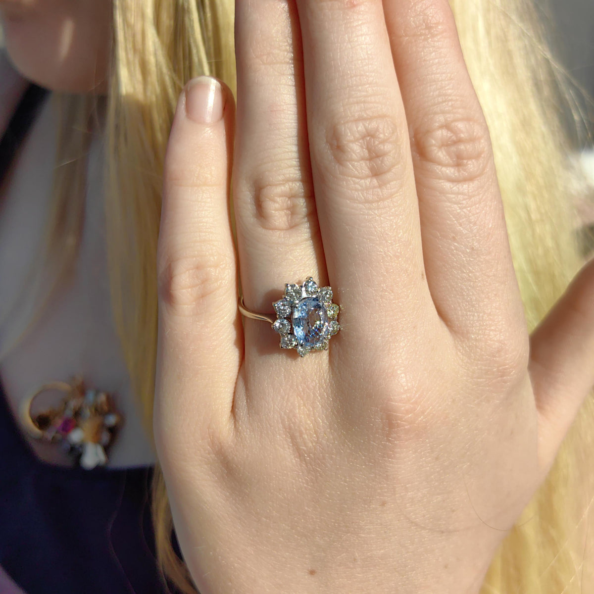 Mid Century Icy Cornflower Blue Sapphire Diamond Ring: 18k White Gold Diana Ring
