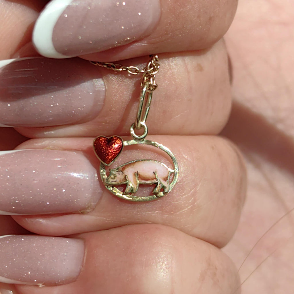 14k Gold Fire Enamel Pig Pendant: Art Nouveau Farm Charm