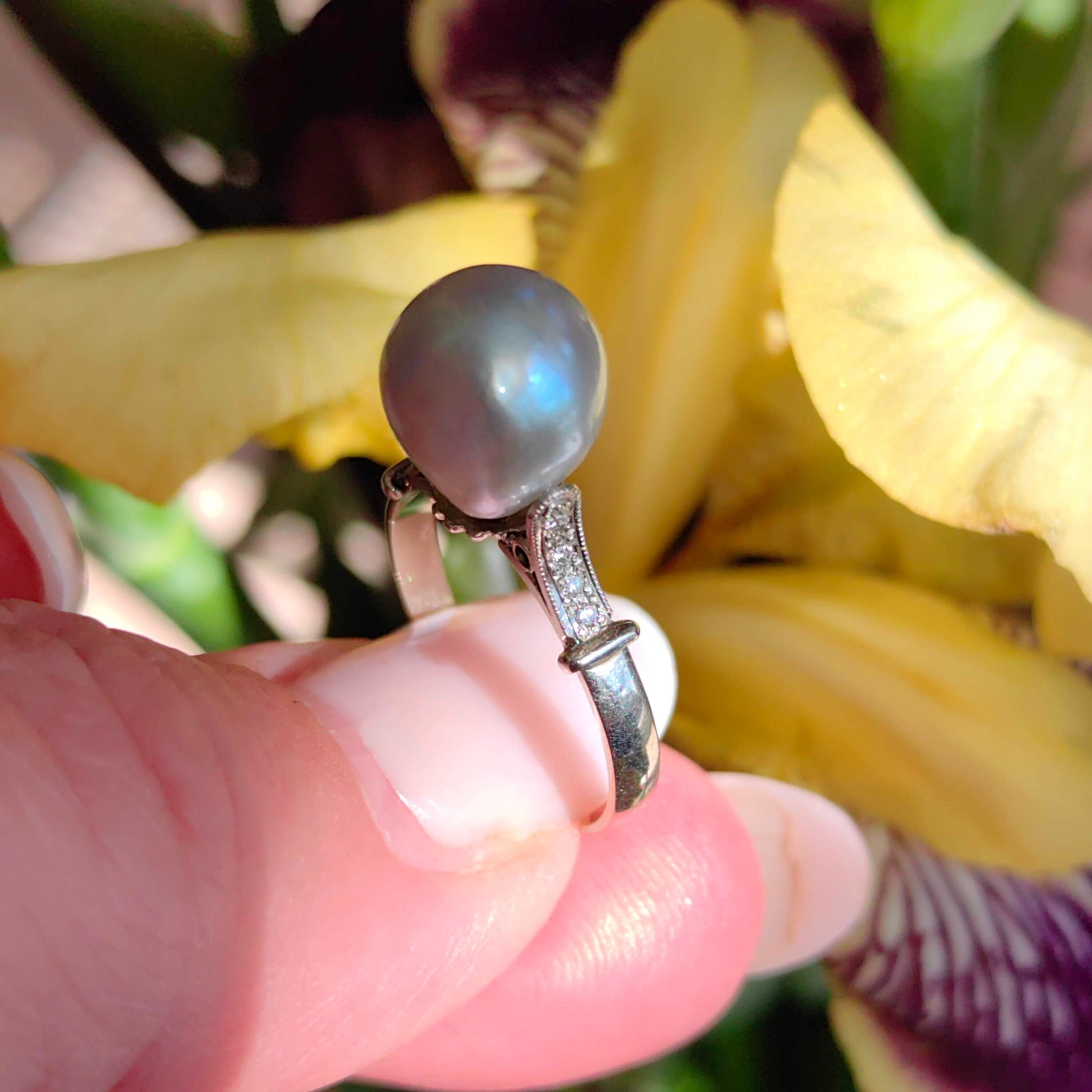 1940s Pearl Diamond Ring: Antique 18k White Gold, Size 6.5