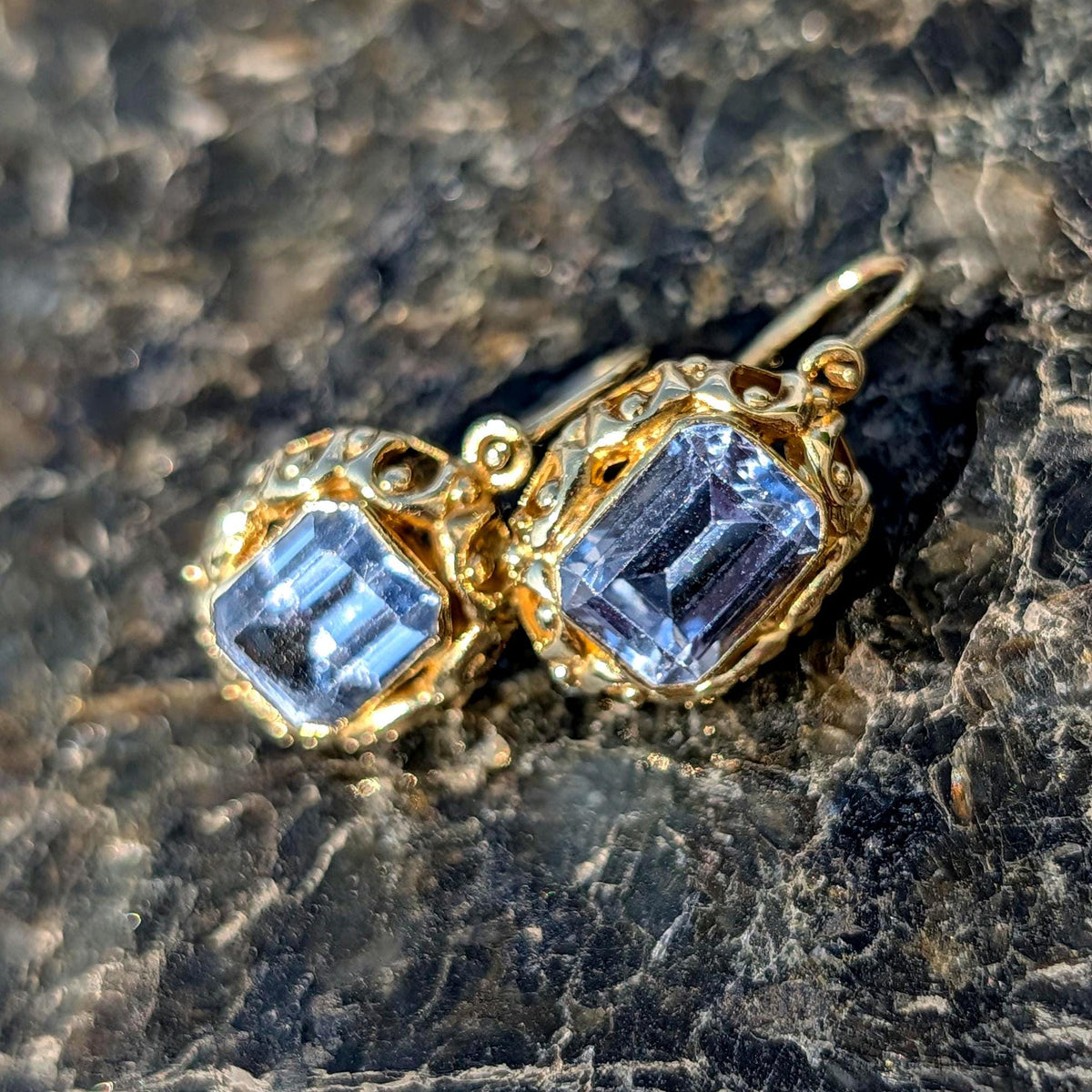 1940s Late Art Deco Aquamarine 14k Yellow Gold Earrings, Antique Vintage Dangle Statement Earrings, Gift for Her
