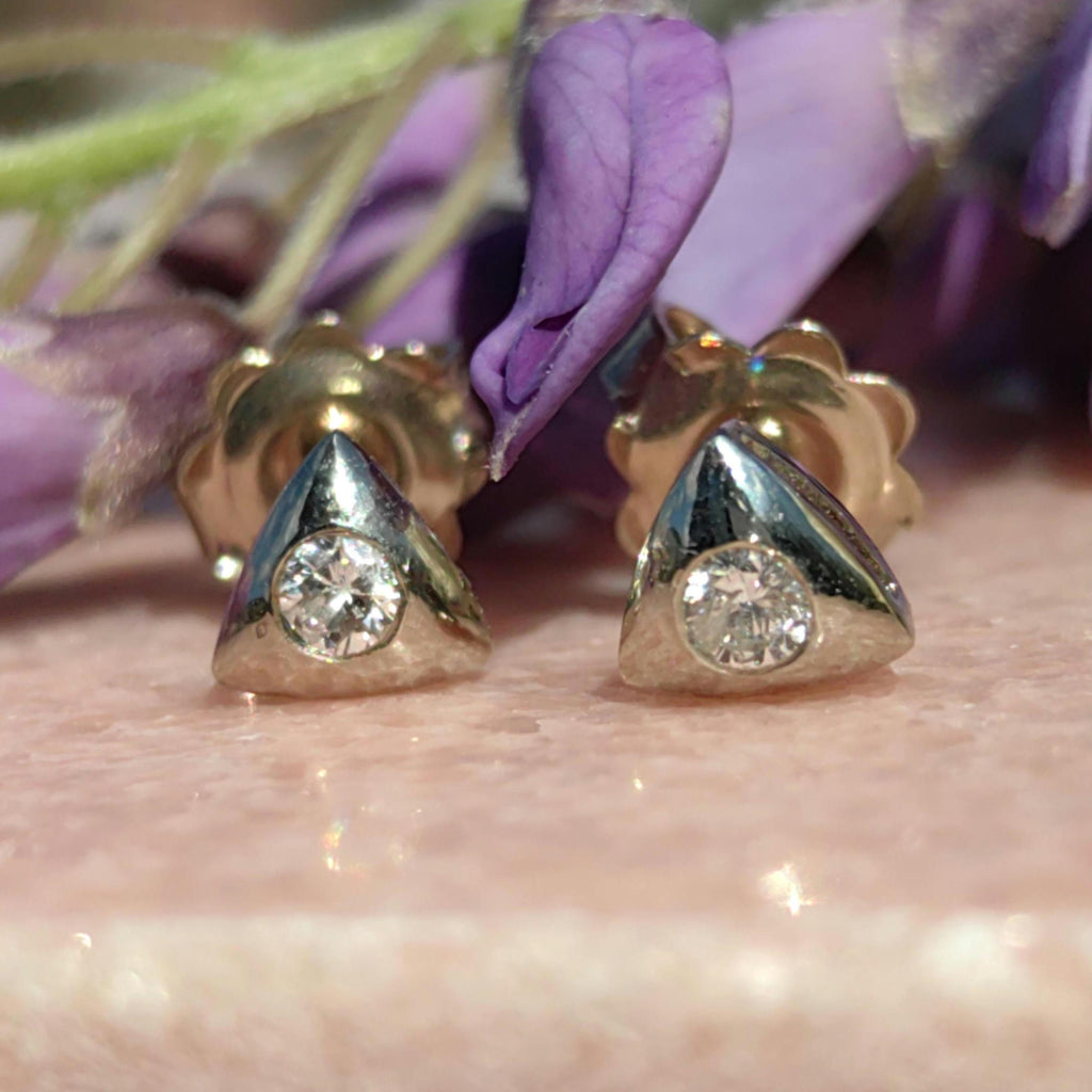Diamond 14k Yellow Gold Triangle Stud Earrings: Geometric Art Deco