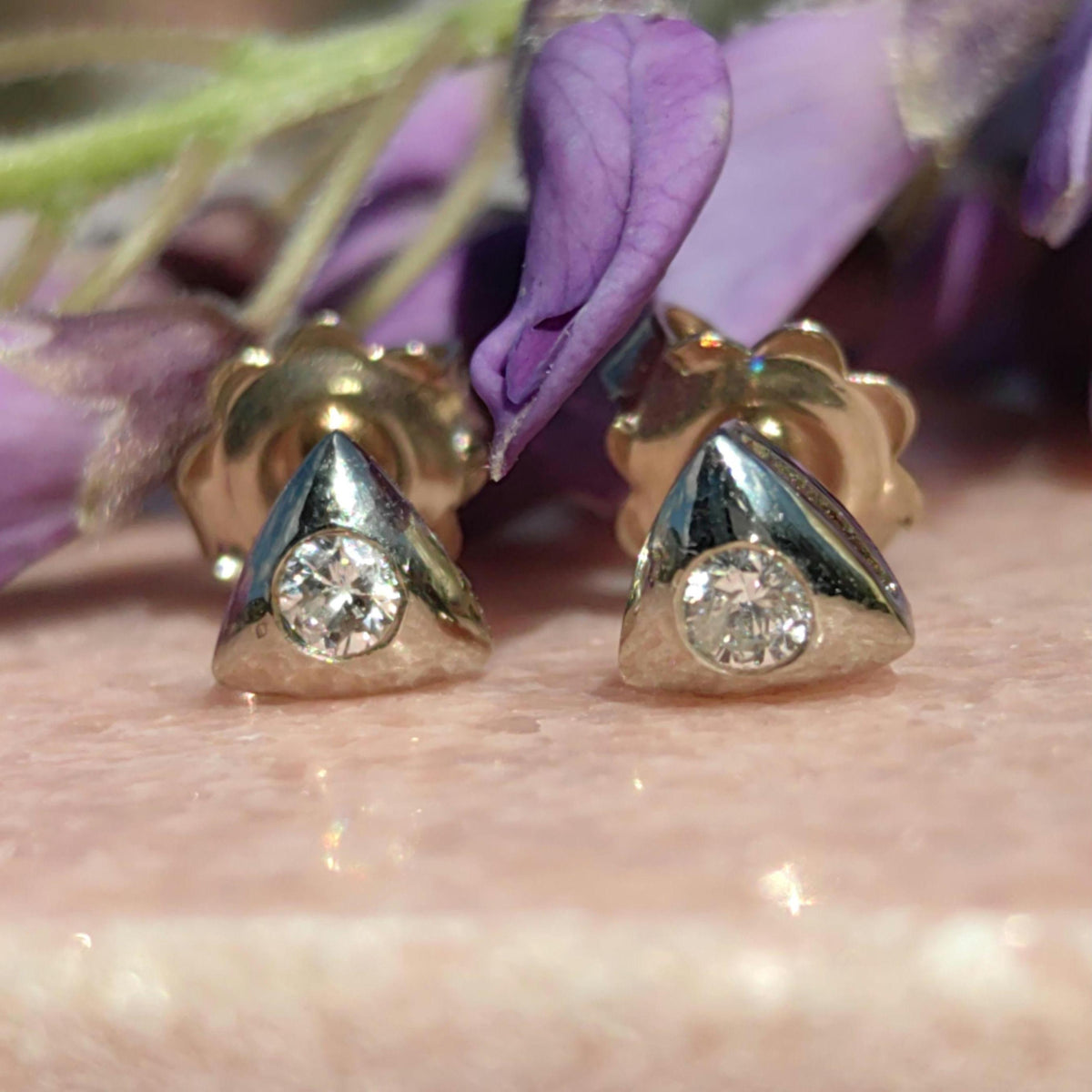 Diamond 14k Yellow Gold Triangle Stud Earrings: Geometric Art Deco
