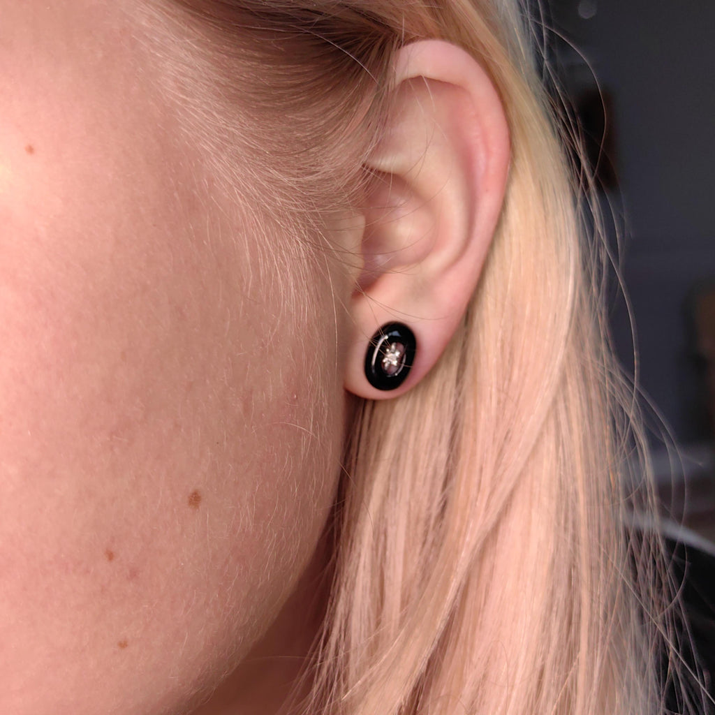 Mid Century Onyx Diamond Solid 8k White Gold Stud Earrings, Minimalist Elegant Black Oval Shaped Earrings, Gift for Her Present