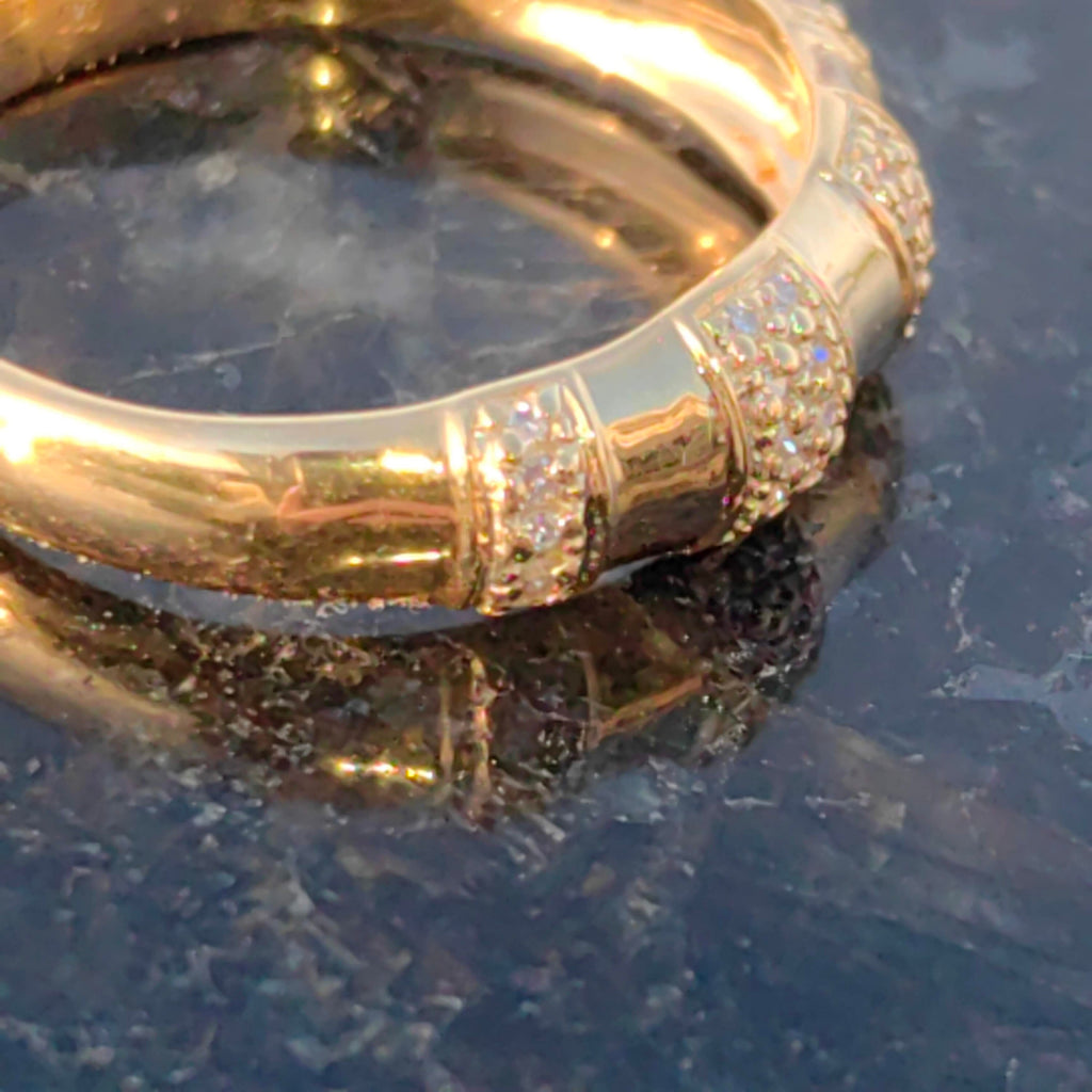 Vintage 18K Gold Diamond Band Ring: 1980s Bamboo Design