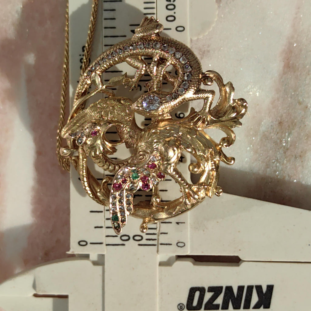 Diamond Emerald Ruby Solid 18k Yellow Gold Griffin Salamander Snake Ritual Magical Statement Pendant Charm Antique Vintage Gift for Her Him