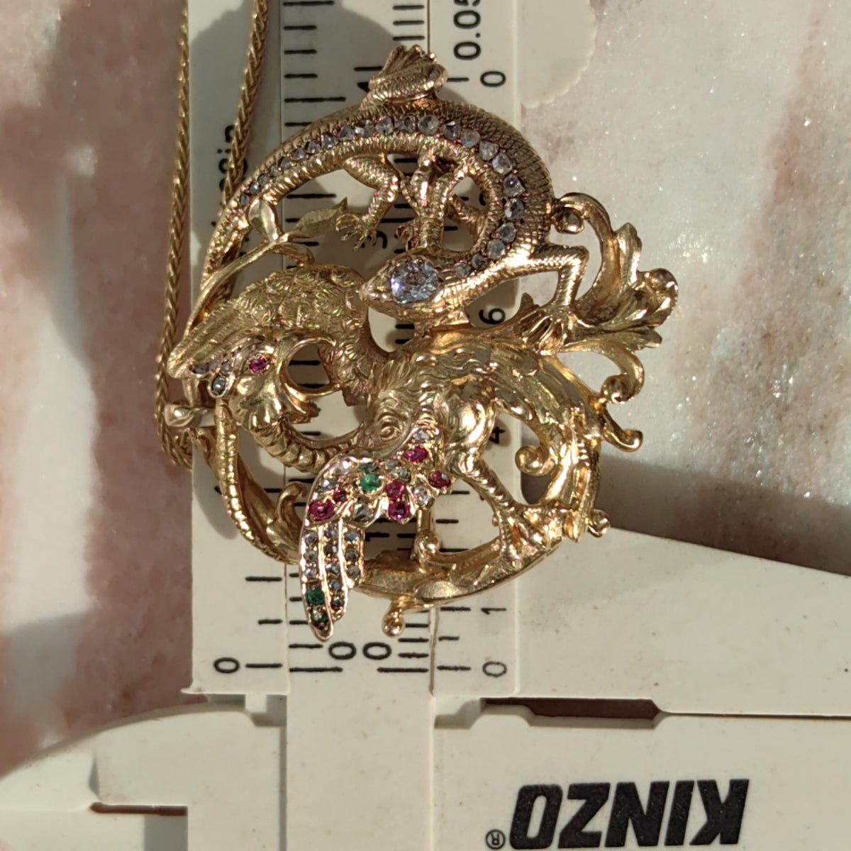 Diamond Emerald Ruby Solid 18k Yellow Gold Griffin Salamander Snake Ritual Magical Statement Pendant Charm Antique Vintage Gift for Her Him