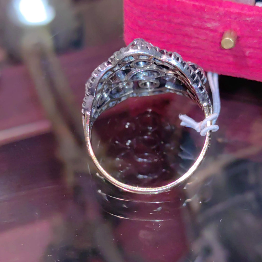 Vintage Art Deco Diamond Cocktail Ring: 18k Yellow Gold Flower Halo, Size 9.5