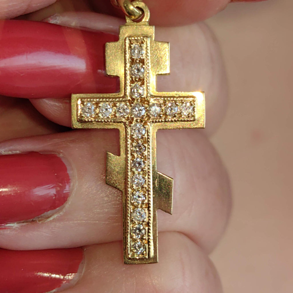 Diamond Orthodox Cross Pendant: 18K Yellow Gold Byzantine Necklace