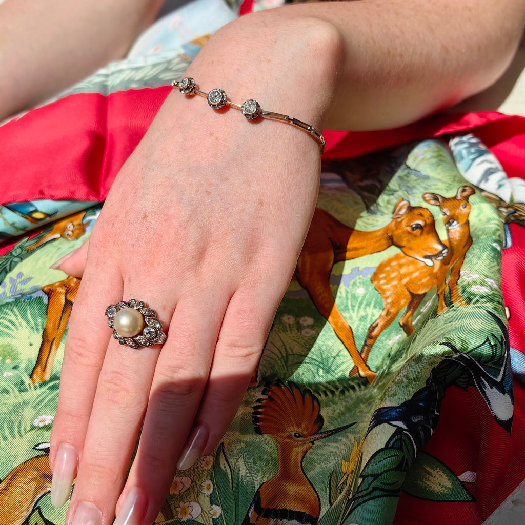 1920s Art Deco Pearl Diamond Ring: 14k Gold Wedding Engagement Ring