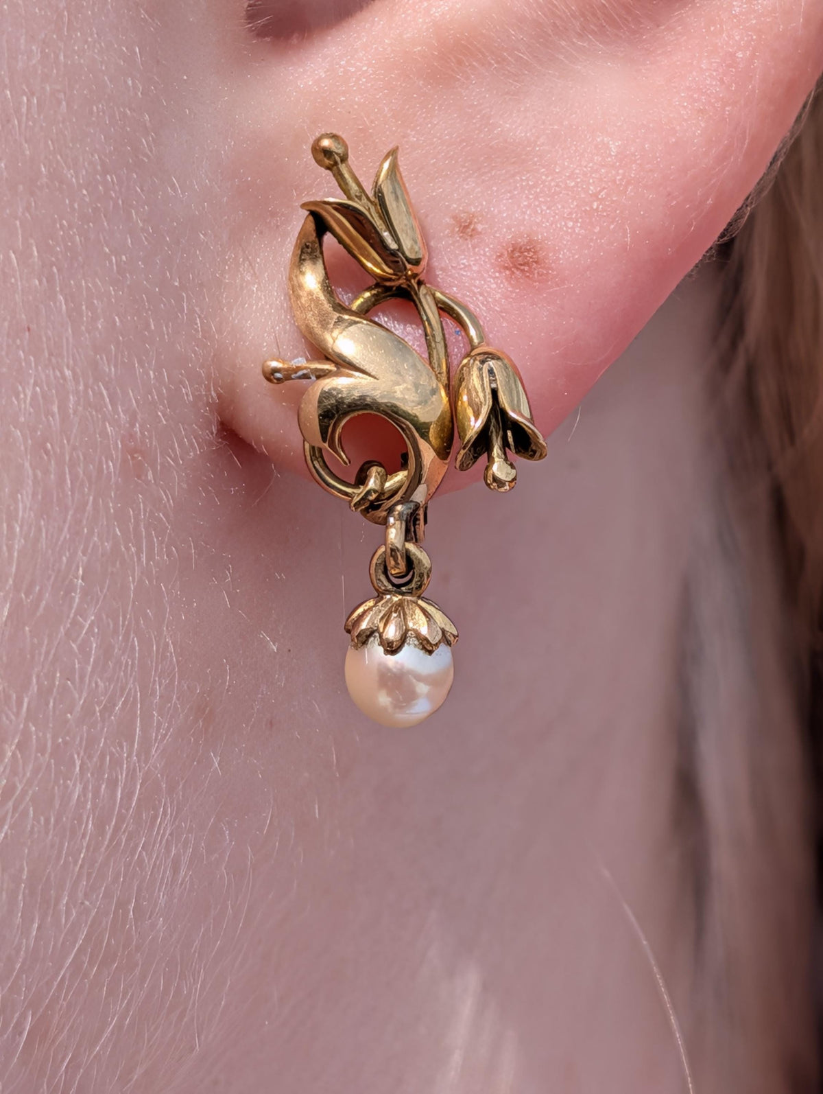 Art Deco 1920s Pearl Yellow Gold Earrings, 18k Gold Dangle Floral Earrings, Antique Vintage Floral Dangle Earrings, Gift for Her