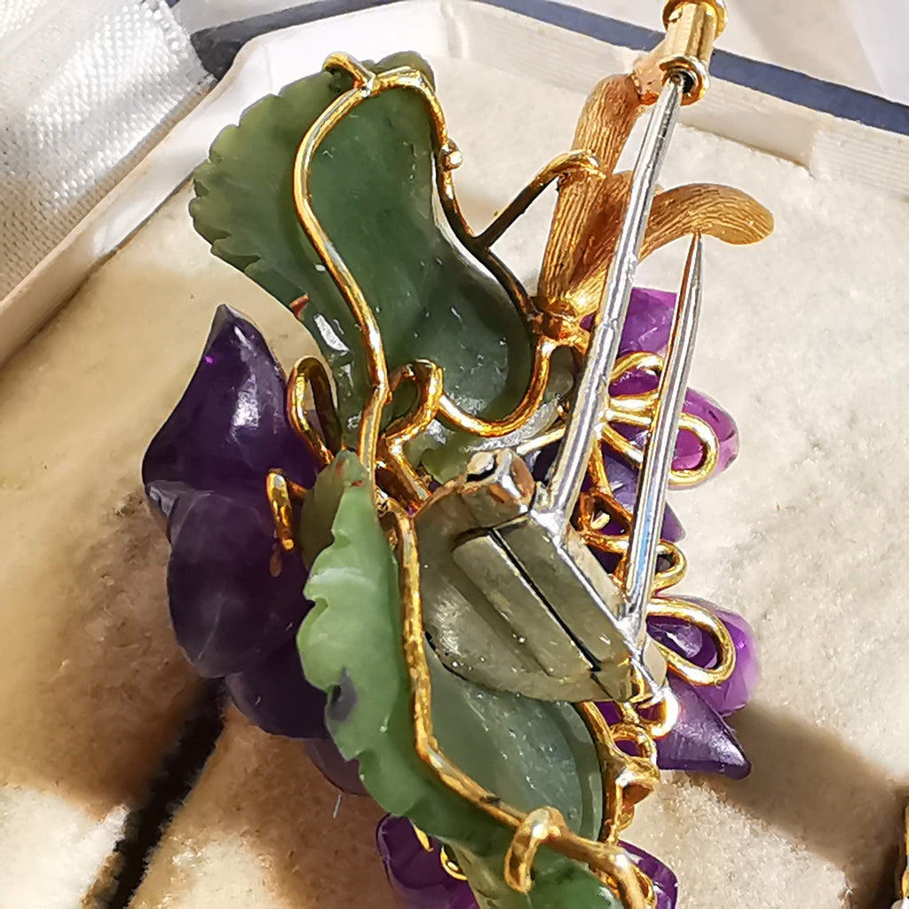 Art Nouveau 1900s Hand Carved Natural Purple Amethyst Jade Diamond 18k Solid Yellow Gold Brooch Antique Floral Violet Pin Gift for her