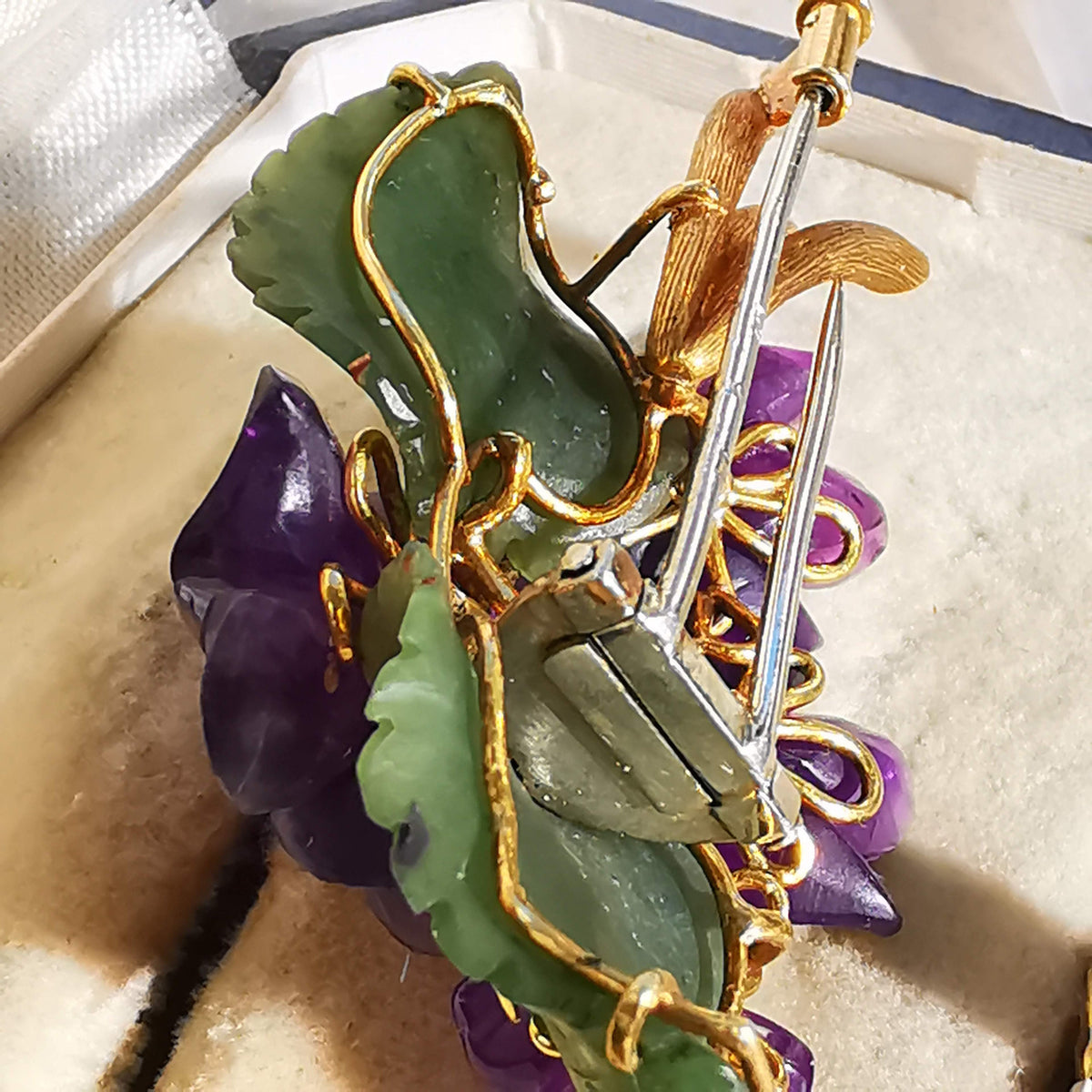 Art Nouveau 1900s Hand Carved Natural Purple Amethyst Jade Diamond 18k Solid Yellow Gold Brooch Antique Floral Violet Pin Gift for her