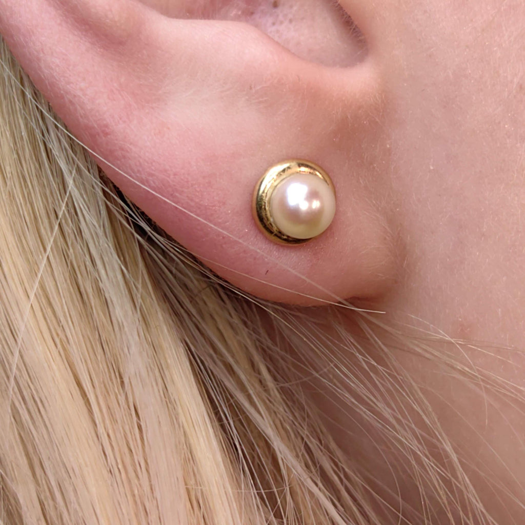Natural Pearl Yellow Gold Earrings, Dainty Elegant Stud Vintage Antique Retro Dainty Earrings Gift for Her Present