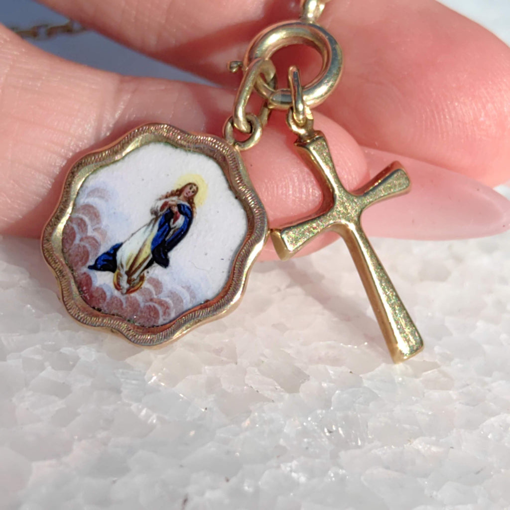 Antique Austrian-Hungarian 14k Gold Virgin Mary Enamel Pendant